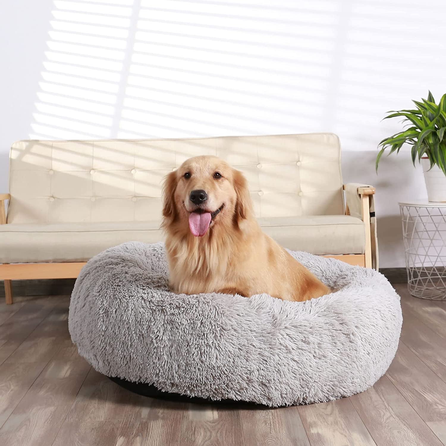 Calming Donut Cuddler Dog Bed, round Fluffy Pet Bed for Large Dogs,Washable, Large, Gray, 30&