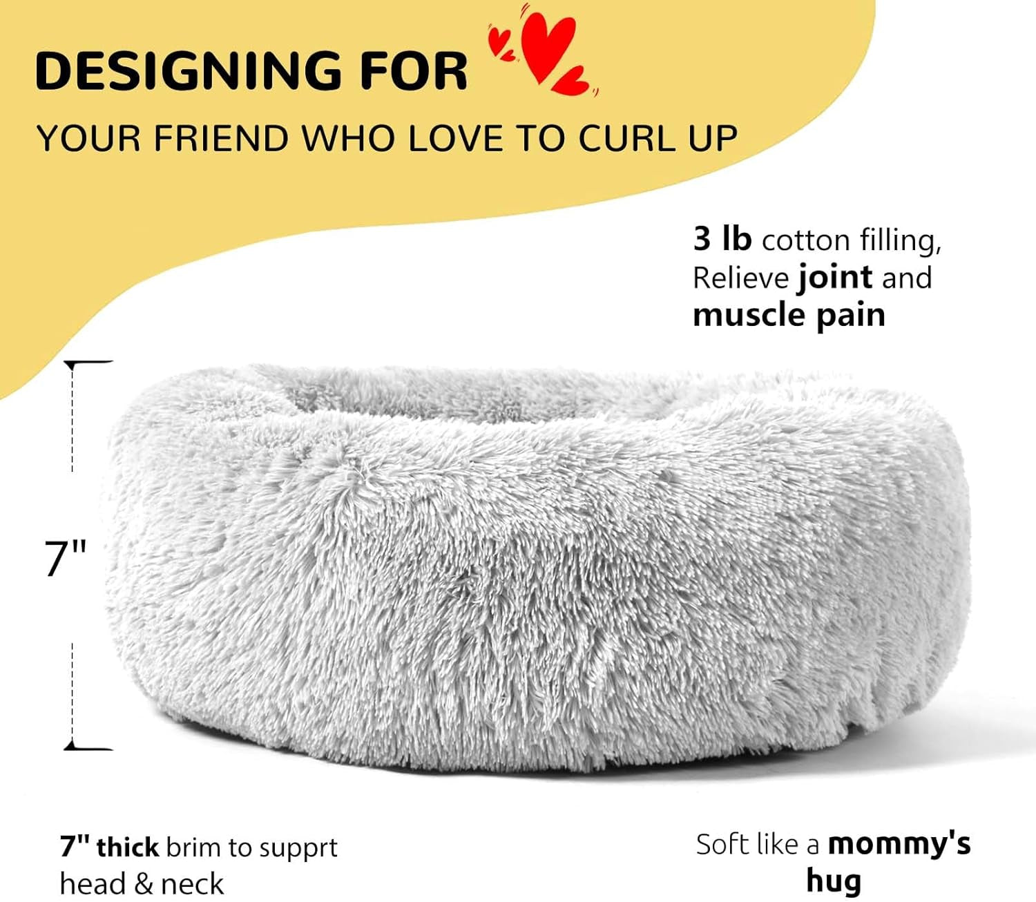 Calming Donut Cuddler Dog Bed, round Fluffy Pet Bed for Large Dogs,Washable, Large, Gray, 30&