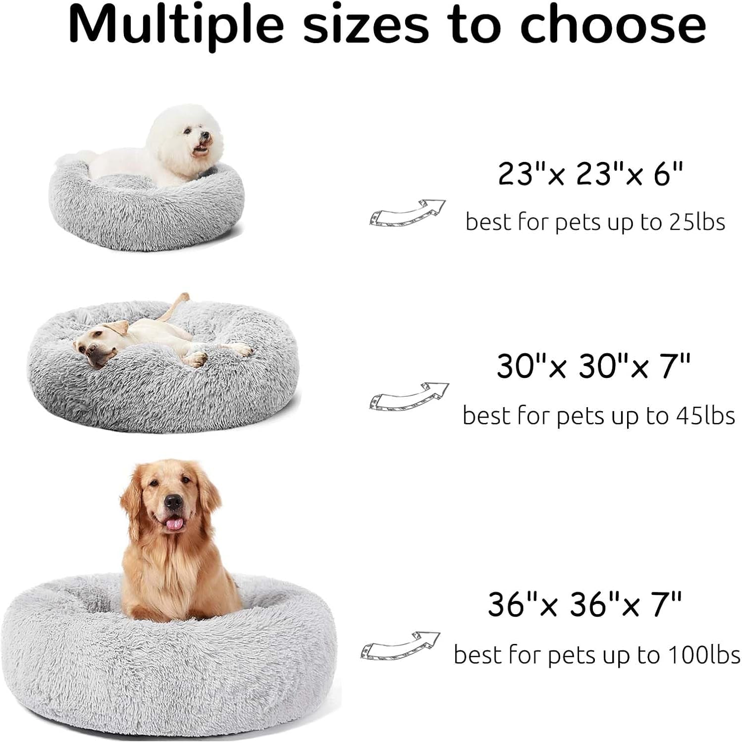 Calming Donut Cuddler Dog Bed, round Fluffy Pet Bed for Large Dogs,Washable, Large, Gray, 30&