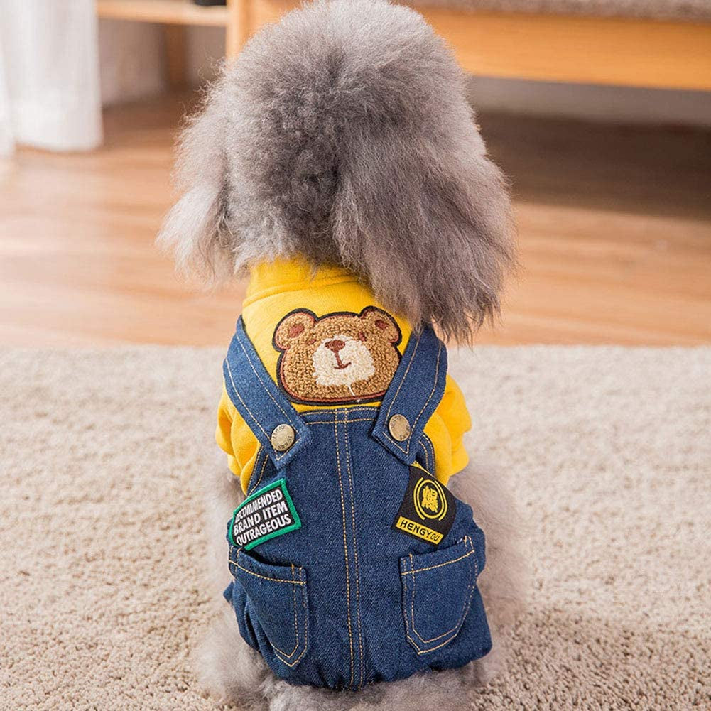 Perro con overoles de mezclilla, muestra su estilo adorable y cómodo en casa, usando los Dog denim overalls.